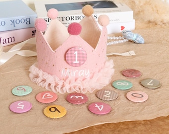 Custom Name Hand Embroidered Child Birthday Crown, Baby First Birthday Party Hat, Custom Toddler Crown Cake Smash Crown for son