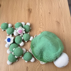 Pode incluir: Uma coleção de tartarugas de crochê feitas à mão em vários tamanhos. As tartarugas apresentam conchas verdes, membros brancos e algumas têm detalhes em rosa ou azul. Uma grande tartaruga verde com cabeça branca também está presente.