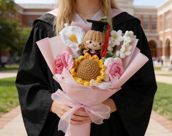 Ramo de flores de ganchillo tejido para graduación de 2026, ramo de girasol personalizado hecho a mano con muñeca, regalo de graduación para ella.