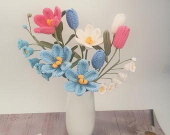Crochet Pink Tulip Flowers Bouquet, Knit Flowers, Crochet Tulip Rose Flower, Knit Tulip Bouquet, Crochet Flower Bouquet, Gift For You