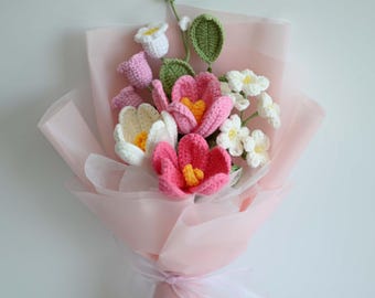 Ramo de flores de ganchillo con temática de tulipán, regalo para mamá, ramo de dama de honor de boda, regalo de aniversario para ella, regalo para hermana