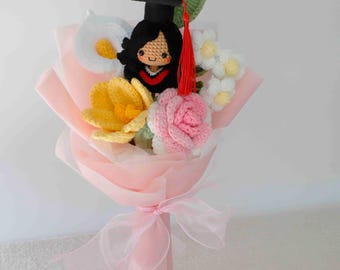 Class of 2026 knitted Crochet flower Graduation bouquet , Custom Handmade Graduation Bouquet flower with Doll, Graduation Gift for Her