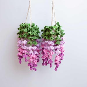 May include: Two hanging crochet plant holders. The top section is green, transitioning to shades of pink and purple, resembling wisteria flowers. The holders are suspended by cream-colored cords against a white background. The crochet work is detailed.