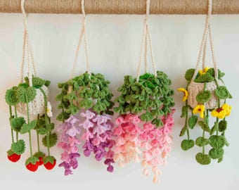 Crochet plant rearview mirror hanger,wall Hanging Plant, Crochet plant car hanging, crochet car airfreshner, Wisteria hanging crochet plant