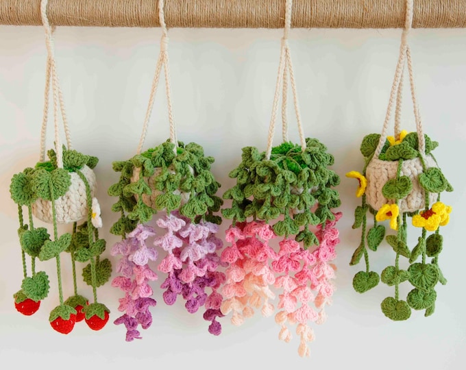 Crochet plant rearview mirror hanger,wall Hanging Plant, Crochet plant car hanging, crochet car airfreshner, Wisteria hanging crochet plant