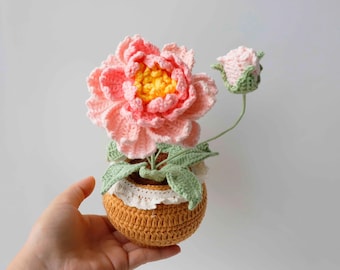 Gehäkelter Pfingstrosentopf, gehäkelter Blumenstrauß, gehäkelter Pfingstrosentopf, Geschenk für Mama, Geschenk für sie, gehäkelte Blume im Topf – Dankeschön-Geschenk