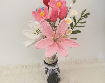 Crochet flowers bouquet, Everlasting Tulips, birthday gift, gift for her, Graduation, Pink, Purple, Blue, gift for mother, thanksgiving