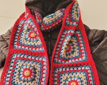 Granny Square Blanket Scarf, Crochet Scarf,  70's style fashion - seventies styling, Colorful Crochet Scarf