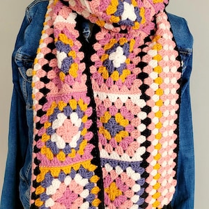 Granny Square Scarf, Crochet Scarf, Blanket  Scarf, Colorful Crochet Scarves, Multicolour Scarf, Long size Crochet Scarf