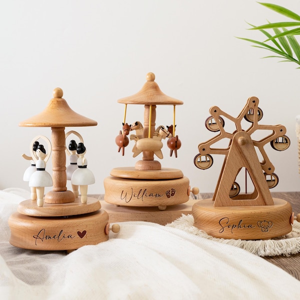 Personalized Wooden Music Box Carousel,Kids Birthday Gift,Engraved Name Music Box,Baby Toy Keepsake Gift,Baby Shower Gift,Nursery Decor