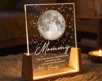 Luz nocturna personalizada con fases lunares para mamá, fases lunares por fecha, regalo personalizado para el Día de la Madre de mi hija, cumpleaños de mamá, el día que te convertiste en mi mamá.