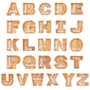 Può includere: Lettere dell'alfabeto in legno con nomi incisi all'interno. Ogni lettera ha una forma diversa e una finitura a venatura naturale. Le lettere sono disposte in righe e colonne.