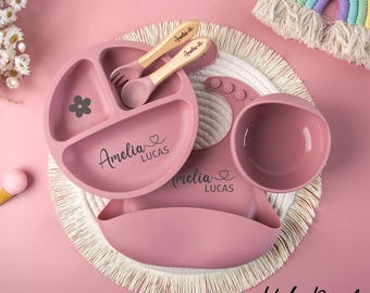Set de destete de silicona personalizado, set de alimentación para bebé con nombre, set de destete de dibujos animados para bebés pequeños, plato personalizado para bebé, regalo para baby shower
