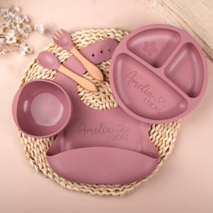 Personalisierte Silikon-Weaning-Set, Baby-Fütterung-Set mit Namen, Entwöhnungsset für Kleinkind-Baby-Kinder, benutzerdefinierte Baby-Teller, Baby-Dusche-Geschenk, Baby-Geschenk
