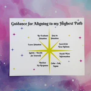 May include: A yellow starburst with eight points, each point labeled with a different option for aligning to your highest path. The options are: Re-Evaluate Situation, Stay in Situation, Leave Situation, Spirits - Decide for Yourself, Search for New Options, Await More Information, Unclear - No Response, Calm - Ask Again.
