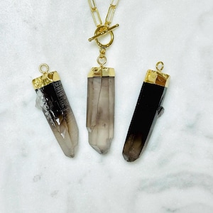 Smoky Quartz Goddess Kali Pendulum Necklace Gold Plated Paperclip Chain and T-Clasp