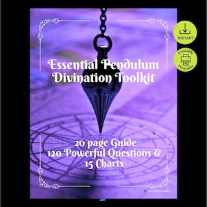 Puede incluir: Una descarga digital titulada "Essential Pendulum Divination Toolkit". La imagen presenta un péndulo sobre un diseño de rosa de los vientos. El texto incluye "20 page Guide", "120 Powerful Questions & 15 Charts". Incluye iconos "Instant" y "Printable".