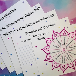May include: A set of four printable worksheets for spiritual guidance. The worksheets include prompts for spirit identification, aligning to your highest path, identifying areas of the body needing balancing, and listing tasks, choices, interference, and blocks. The fourth worksheet features a pink mandala with a wheel of life divided into 10 sections, each labeled with a potential block to spiritual growth, such as overthinking, past life, entities or spirits, scattered, exhaustion, childhood trauma, relationship trauma, psychic wounds, psychic cords to others, emotional resistance.