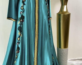 Luxury Moroccan Kaftan: Handmade Green Wedding Dress, Embroidered Arabic Gown