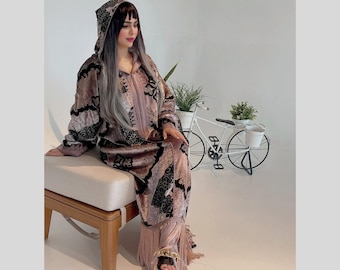 Handmade Moroccan Velvet Jellaba: Embroidered Kaftan Abaya Dress