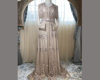 Luxury Moroccan Kaftan: Gold Embroidery, Handmade Wedding Dress