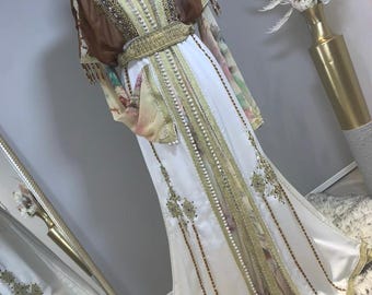 Luxury Moroccan Kaftan: Gold Wedding Dress, Handmade Embroidered Caftan