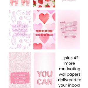 May include: A set of 9 pink and white motivational phone wallpapers with inspirational quotes. The quotes include "Strive for progress, not perfection", "Good food, good mood", "Remember why you started", "Choose foods that nourish your body", "You don't need to be extreme, you just need to be consistent", "If it doesn't challenge you, I won't change you", "Be stronger than your excuses", "You can", and "...plus 42 more motivating wallpapers delivered to your inbox!"