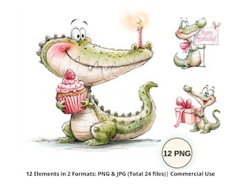 Cute Crocodile Birthday Clipart PNG, Funny Alligator Watercolor Clipart, Whimsical Birthday Animal Bundle, Kids Party PNG, Commercial Use