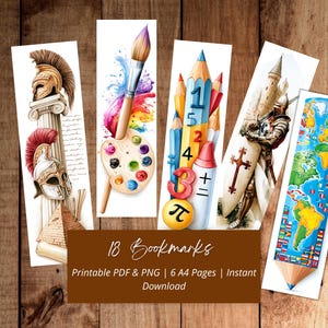 School Bookmark Printable PDF PNG, Kids Subject Art Math History Set 18