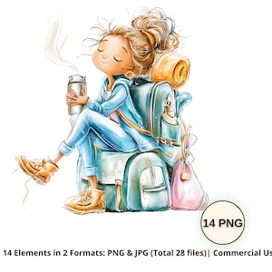 Può includere: Illustrazione ad acquerello di una persona che si rilassa con un thermos, uno zaino e scarponi da trekking. La persona indossa abiti blu e stivali marroni. Un sacco a pelo giallo è sullo zaino. Il testo "14 PNG" e "14 Elements in 2 Formats: PNG & JPG (Total 28 files) | Commercial Use" è incluso.