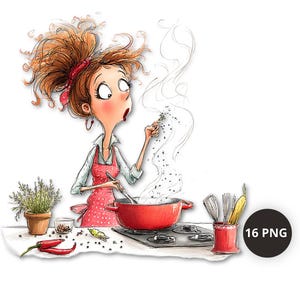 Rolig matlagningskvinna Clipart, 16 PNG-knäppa karaktärer och 10 JPG-köksscener, nyckfulla kockillustrationer, kommersiellt bruk