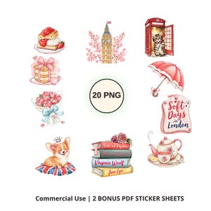 Pode incluir: Uma coleção de ilustrações digitais apresentando um scone, o Big Ben com flores de cerejeira, um gato numa cabine telefónica vermelha, um guarda-chuva vermelho, um sinal com Soft Days in London, um bule, livros, um corgi e um bouquet.