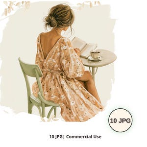 Pode incluir: Ilustração de uma pessoa lendo em uma mesa, vestindo um vestido floral. Uma xícara de café está sobre a mesa. A imagem tem um estilo suave de aquarela. O texto em um círculo diz "10 JPG".