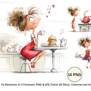 May include: Watercolour illustration of a woman in a red polka dot dress enjoying a cup of coffee. The image includes a burger, teapot, and musical notes. Additional images show the woman with a teapot and a burger.