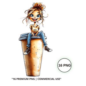 Puede incluir: Ilustración de una chica de dibujos animados con cabello rubio sentada en una taza de café grande. La chica lleva una camiseta amarilla con el texto "Happy Coffe", vaqueros azules y zapatillas. La taza de café es marrón con tapa blanca.