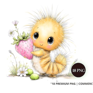 May include: A whimsical illustration of a cartoon creature with a yellow, spiky body, holding a large pink strawberry. The creature has big, expressive eyes and is surrounded by grass, flowers, and two green fruits. The image includes the text "18 PREMIUM PNG | COMMERCIAL USE".