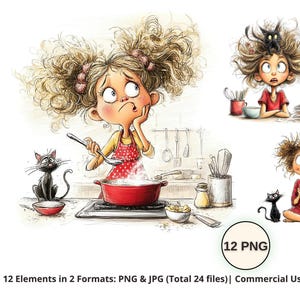 May include: A digital illustration set featuring a cartoon character with messy hair in a kitchen setting, cooking with a red pot, accompanied by a black cat, with additional smaller character scenes and a circular badge labeled 12 PNG.