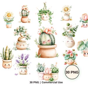 May include: Watercolor illustrations of various potted plants with smiling faces. The collection includes cacti, succulents, flowers, and hanging plants in pastel-colored pots. The image includes the text "30 PNG | Commercial Use".