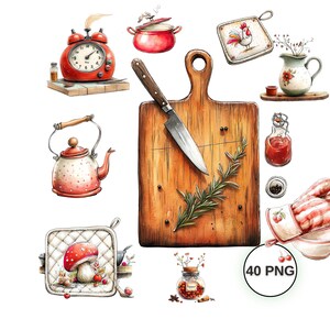 May include: Watercolor illustration of kitchen items including a wooden cutting board with a knife and rosemary, a red alarm clock, a teapot, a pot, a rooster potholder, a jar of sauce, a jar of spices, and an oven mitt.