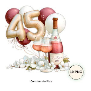 Pode incluir: Uma ilustração digital com balões dourados em forma de 45, uma garrafa de vinho rosé com um rótulo escrito Wine Birthday 205, duas taças de vinho e flores brancas. A cena inclui balões bordô e brancos ao fundo.