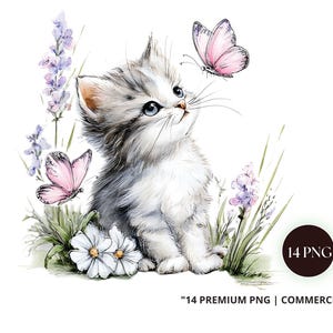 Aquarel kitten vlinder clipart png, 14 baby dieren illustraties, Floral kinderkamer kunst, kattenliefhebber graphics, planner kunst, commercieel gebruik
