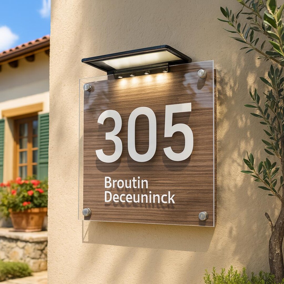 Modern Solar LED House Sign – Custom Acrylic & Wood Address Plaque, 6x11.5 Inches, Brown Wood – Outdoor Street Name Plate