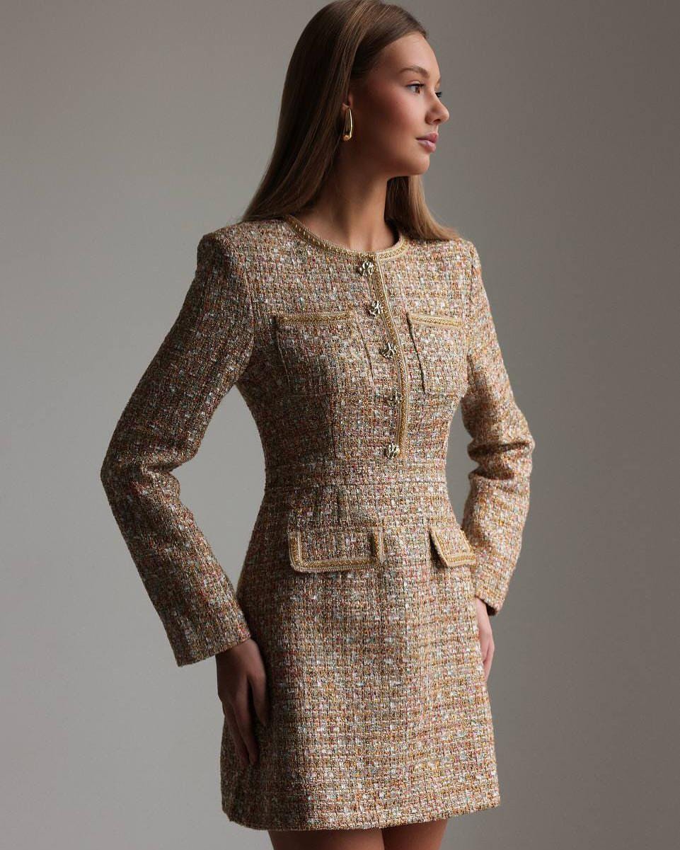 Brown Tweed Mini Dress – Elegant Long Sleeve Dress for Women