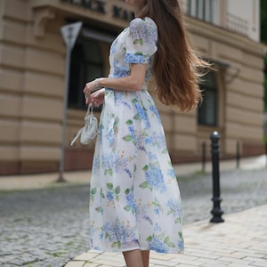 Floral Organza Midi Dress – Romantic Puff Sleeve Summer Party Dress for Women, Casual or Evening Floral Print Dress with Vintage Charm