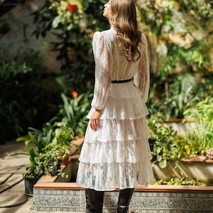 Romantic White Lace Midi Dress, Bridesmaid & Wedding Guest Dress, Handmade Elegant Embroidered Bridal Shower, Garden Wedding Look