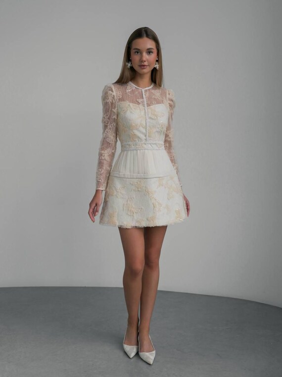 chinese dress ladies Lace Cutout Half Sleeve Mini Dress Cream / S main image 1