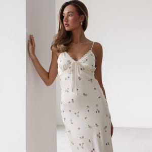 Women’s Maxi With Neckline Dress, White Dress, Summer Party Dress , Romantic Floral Print, Casual  Floral Dress, Floral Summer Dress