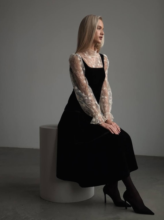 Black Midi Dress Women's Pinafore Dress, Modest Goth Dress, Elegant Evening  Dress, Renaissance Victorian Style - Etsy Ireland