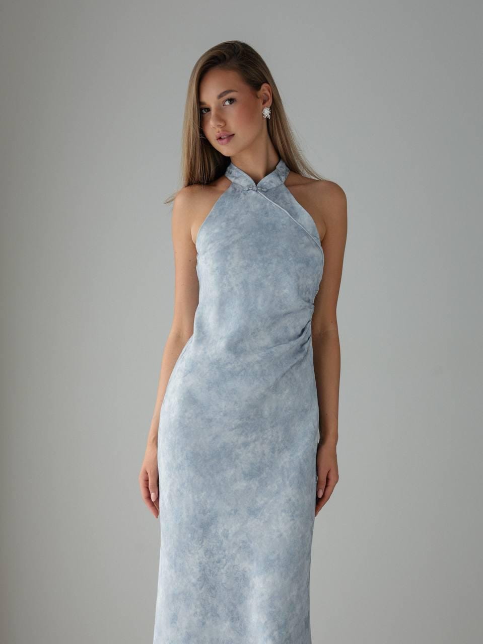 Light Blue Maxi Dress - Halter Neck Sleeveless Dress with Draped Waist | Asian Style Cocktail, Party, Evening or Summer Formal Dress