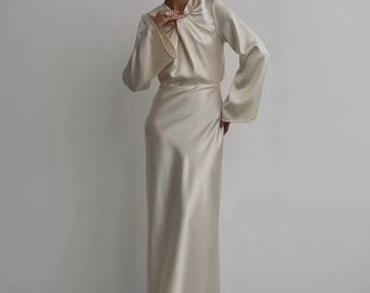 Champagne Silk Maxi Dress, Open Back Satin Gown